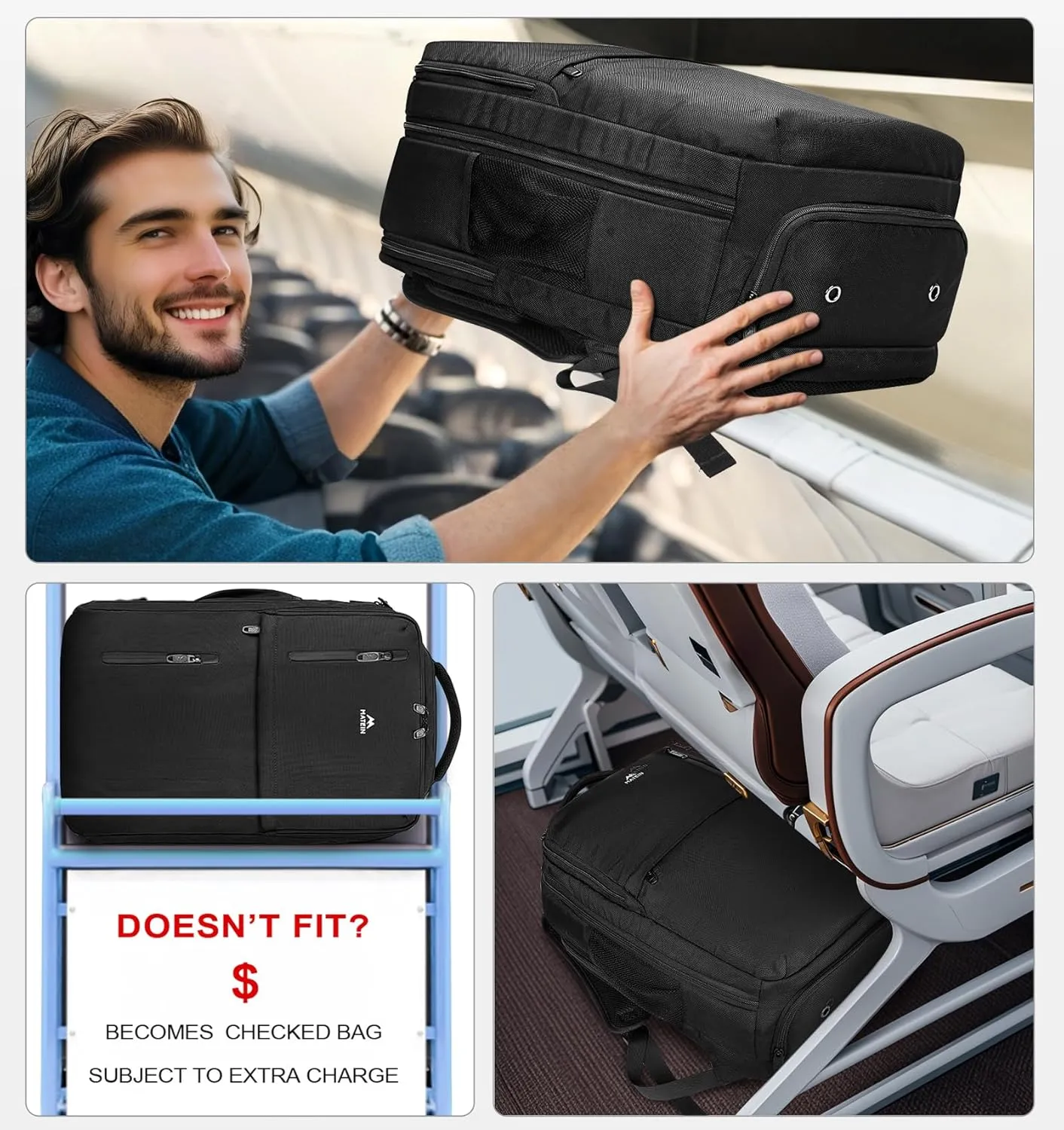 MATEIN Travel Laptop Backpack, Flight Approved Carry on Backpack with USB Port & Shoe Compartment, Large Personal Item Bag Fits 15.6 inch Laptop, Water Resistant Luggage Overnight Weekender Bag, Black