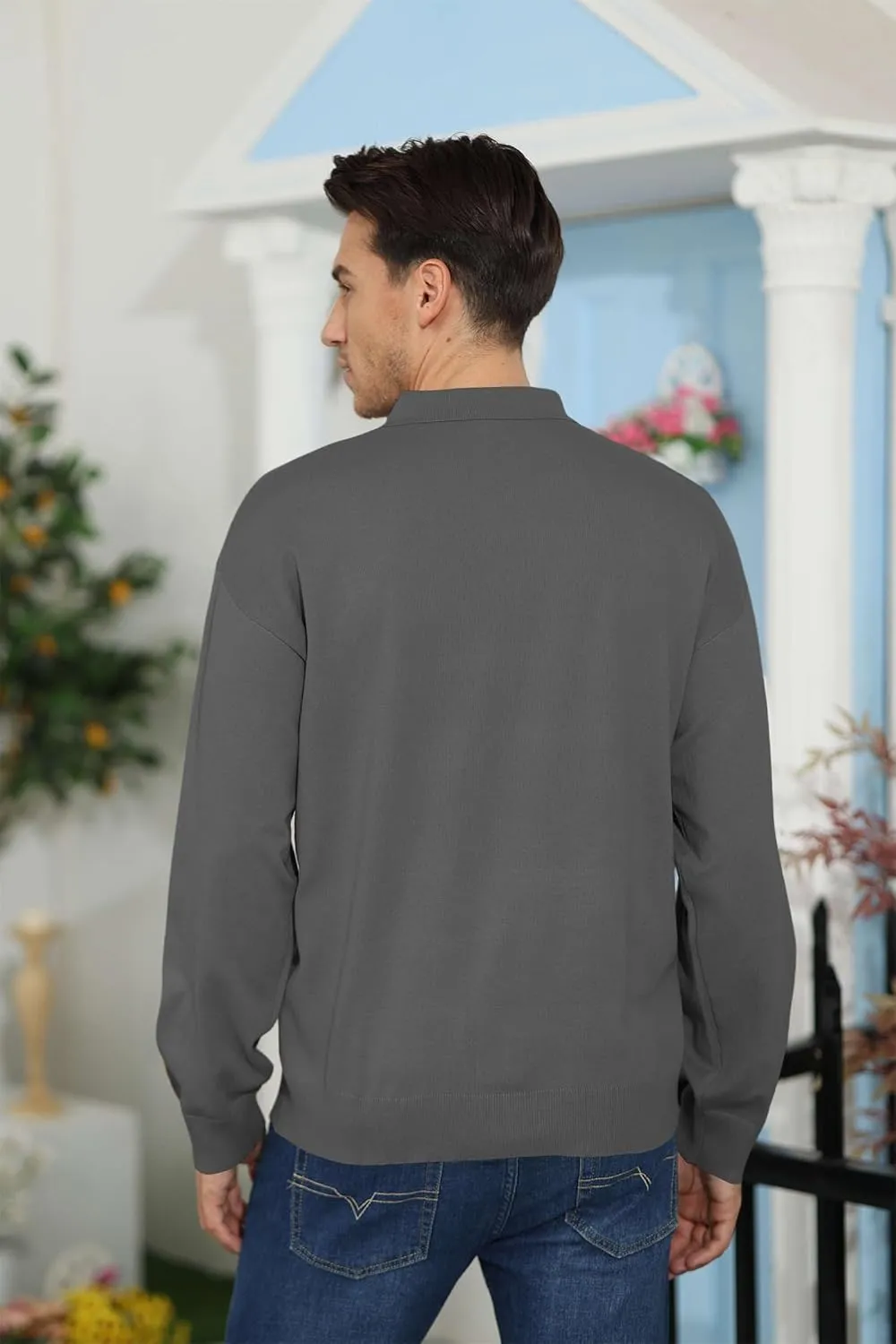 Mens Casual Knit Polo Shirt Classic Long Sleeve Thermal Basic Button Down Golf Shirts