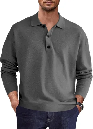 Mens Casual Knit Polo Shirt Classic Long Sleeve Thermal Basic Button Down Golf Shirts