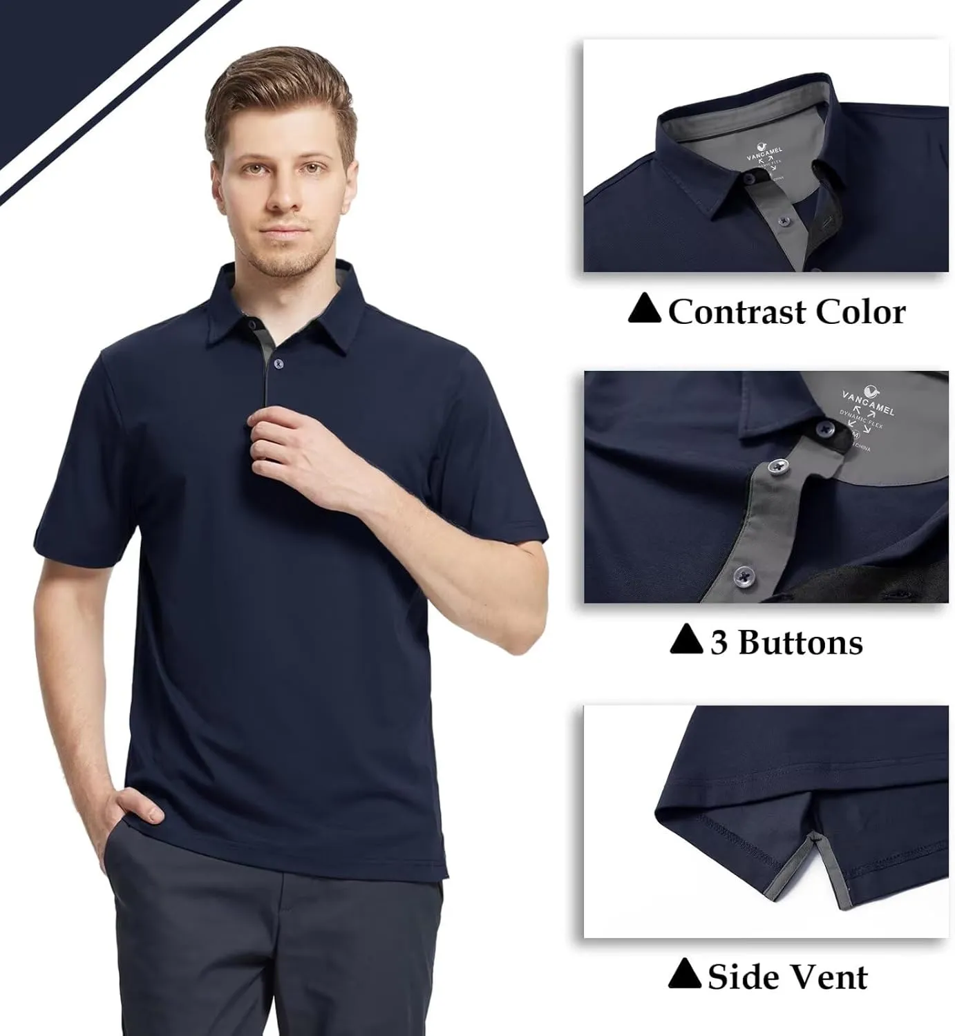 Men's Casual Polo Shirt Short Sleeve Mercerized Cotton Blend Breathable Stretch Classic Fit Business Collared Shirts