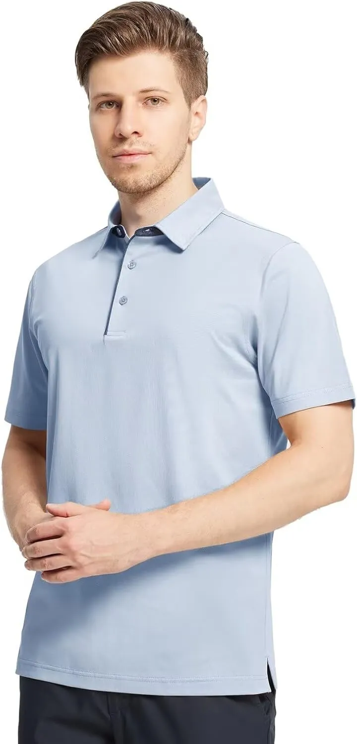 Men's Casual Polo Shirt Short Sleeve Mercerized Cotton Blend Breathable Stretch Classic Fit Business Collared Shirts