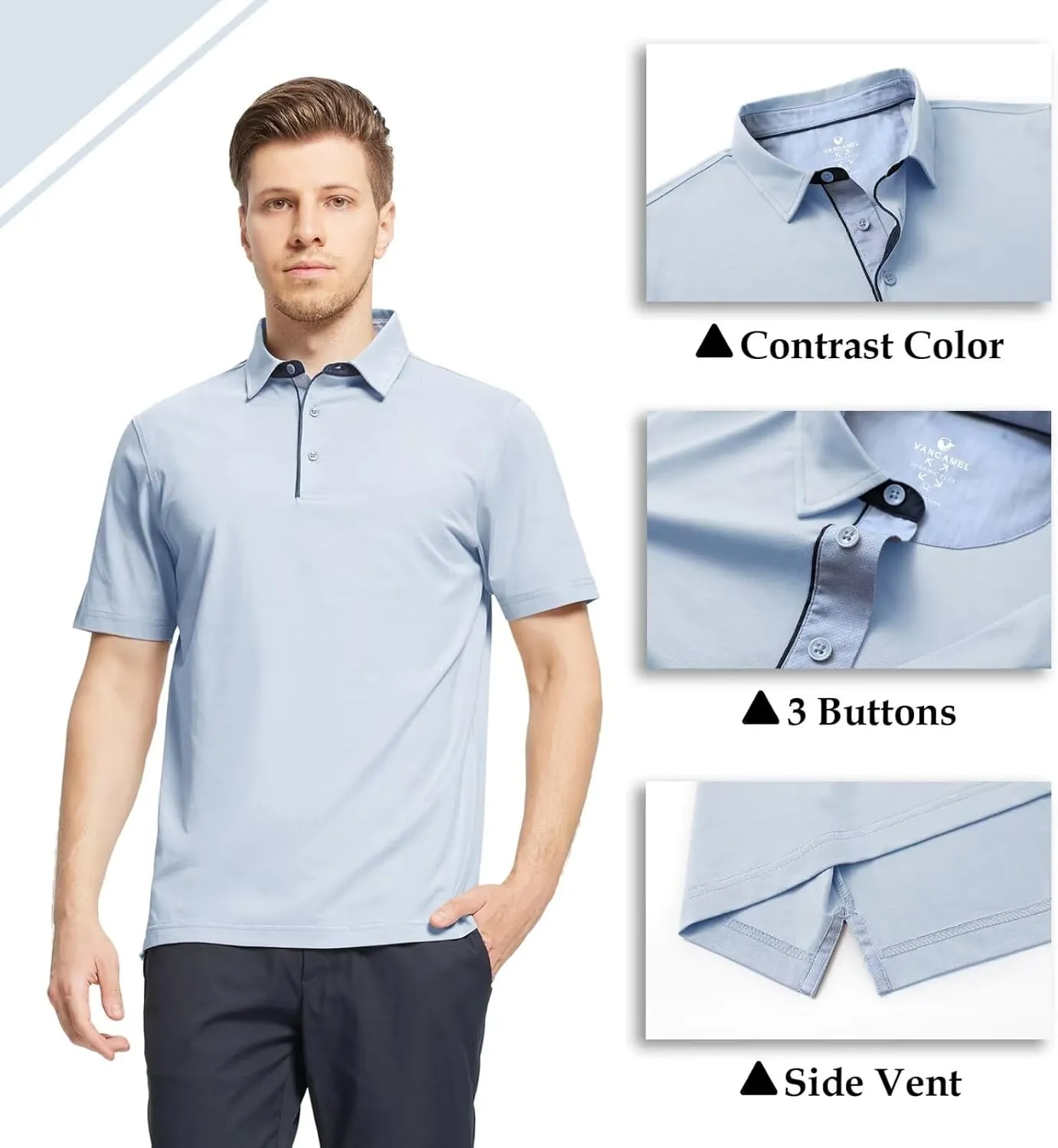Men's Casual Polo Shirt Short Sleeve Mercerized Cotton Blend Breathable Stretch Classic Fit Business Collared Shirts