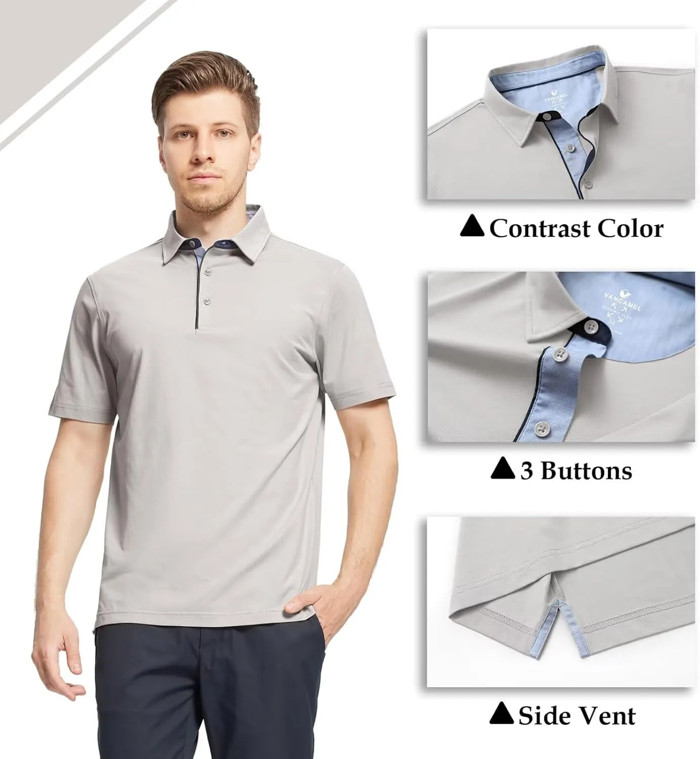 Men's Casual Polo Shirt Short Sleeve Mercerized Cotton Blend Breathable Stretch Classic Fit Business Collared Shirts