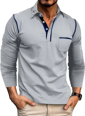 Men's Casual Polo Shirts Classic Long Sleeve Basic Button T-Shirt Lightweight Cotton Golf Tops with Pocket