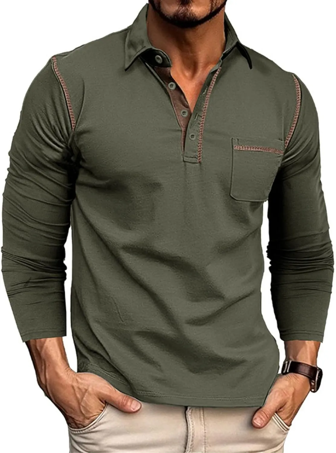 Men's Casual Polo Shirts Classic Long Sleeve Basic Button T-Shirt Lightweight Cotton Golf Tops with Pocket