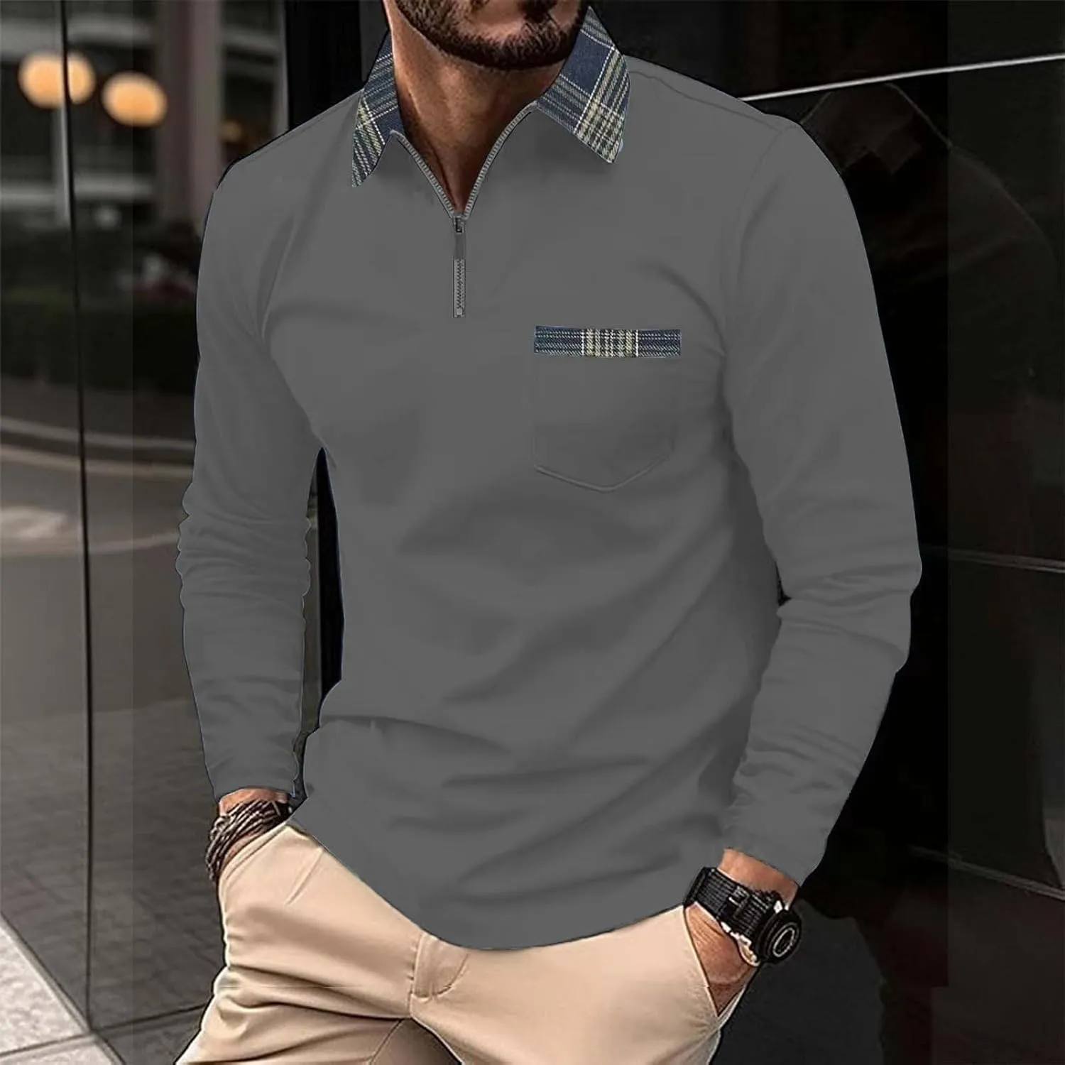 Men's Casual Polo Shirts Classic Long Sleeve Men's Autumn Cotton Corduroy Men's Business SpotShield Stain Resistant
