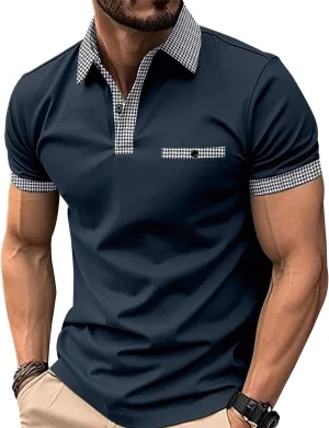 Men’s Classic Polo Shirt Casual Short Sleeve Plaid Splice T-Shirts Regular-Fit Business&Golf Polo Shirts