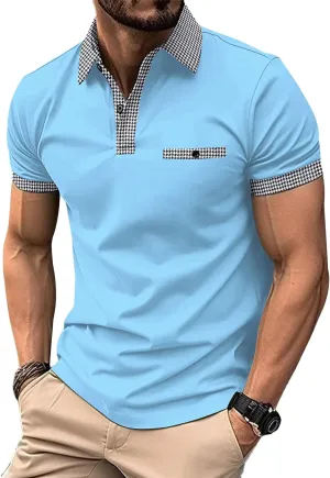 Men’s Classic Polo Shirt Casual Short Sleeve Plaid Splice T-Shirts Regular-Fit Business&Golf Polo Shirts