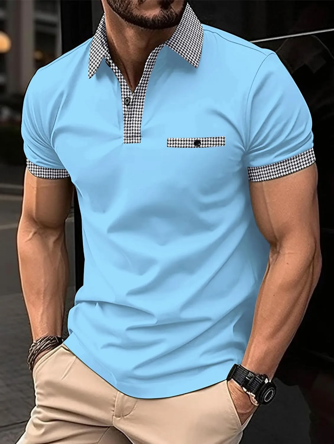 Men’s Classic Polo Shirt Casual Short Sleeve Plaid Splice T-Shirts Regular-Fit Business&Golf Polo Shirts