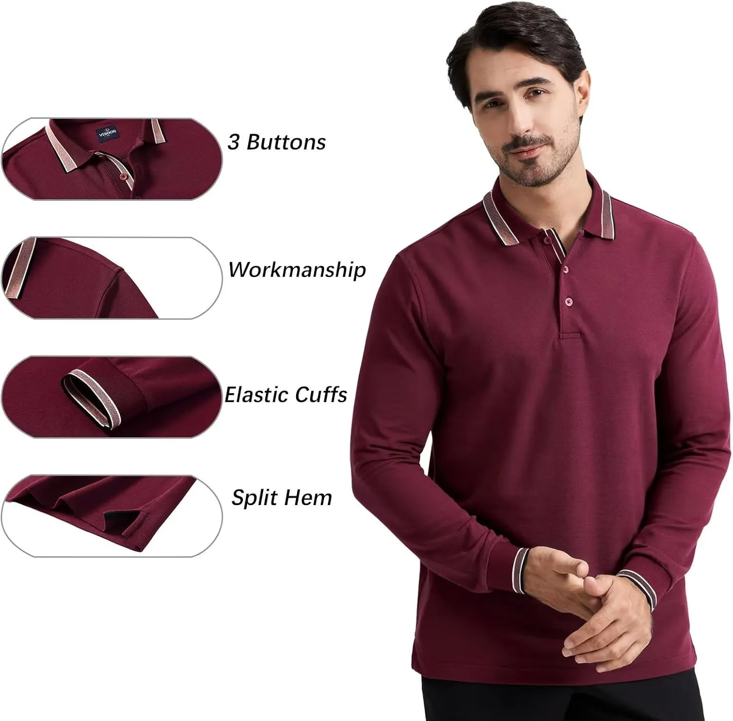 Men's Pique Polo Shirts Long Sleeve Cotton Blend Tipped Casual Collared Polo Shirts Business Classic Fit