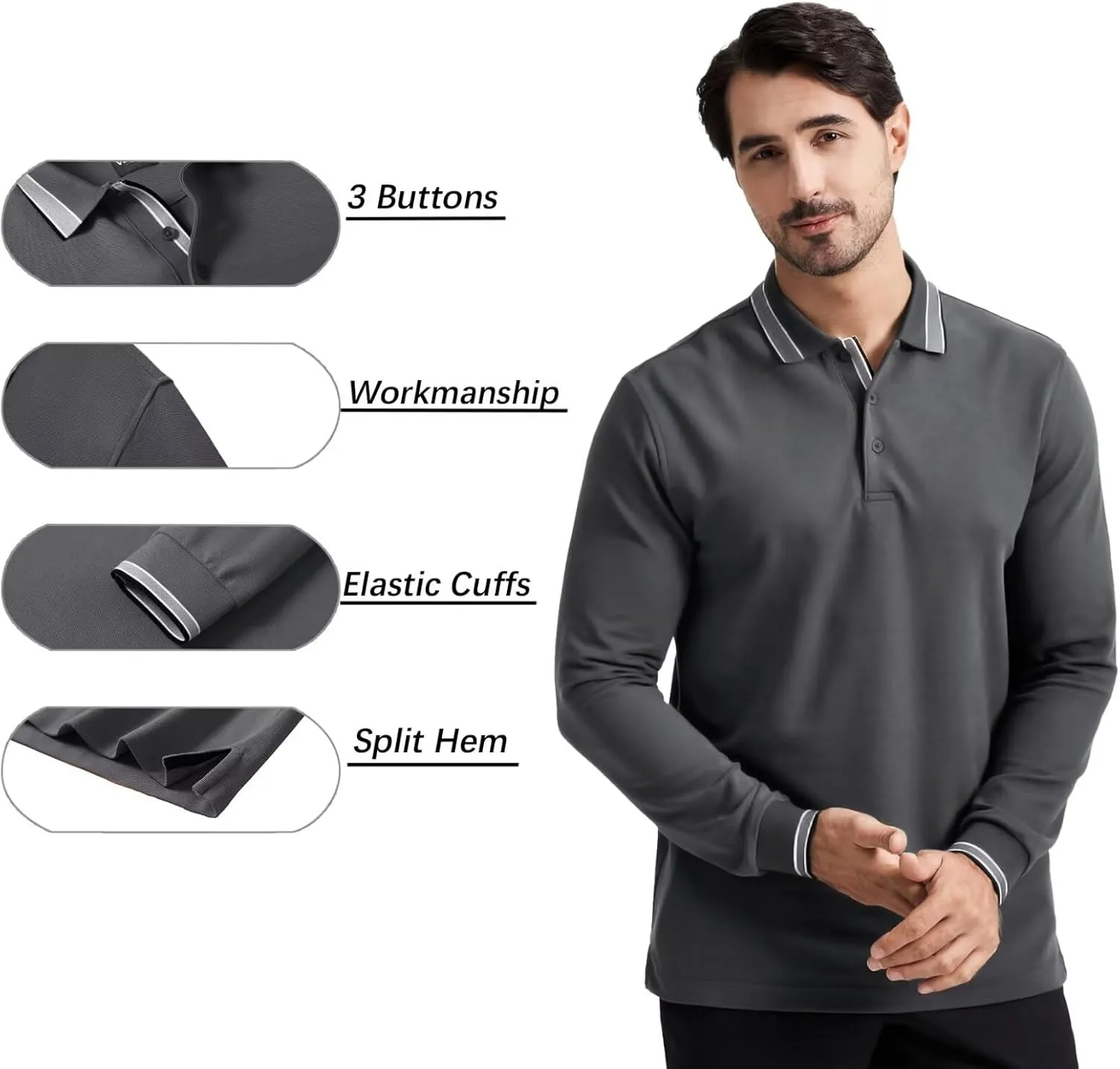 Men's Pique Polo Shirts Long Sleeve Cotton Blend Tipped Casual Collared Polo Shirts Business Classic Fit