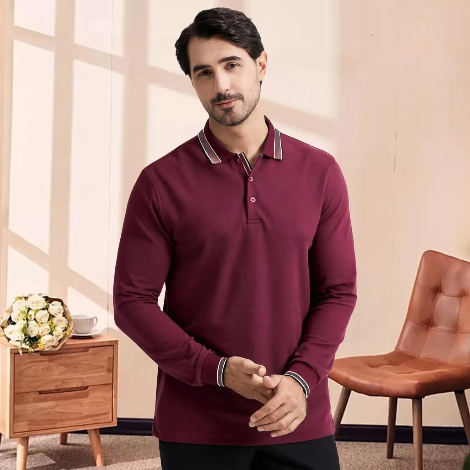 Men's Pique Polo Shirts Long Sleeve Cotton Blend Tipped Casual Collared Polo Shirts Business Classic Fit