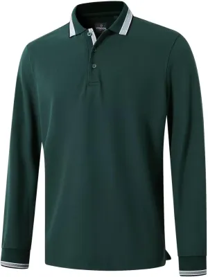 Men's Pique Polo Shirts Long Sleeve Cotton Blend Tipped Casual Collared Polo Shirts Business Classic Fit