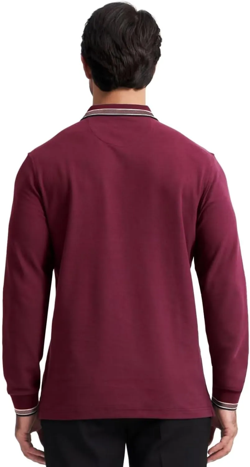 Men's Pique Polo Shirts Long Sleeve Cotton Blend Tipped Casual Collared Polo Shirts Business Classic Fit