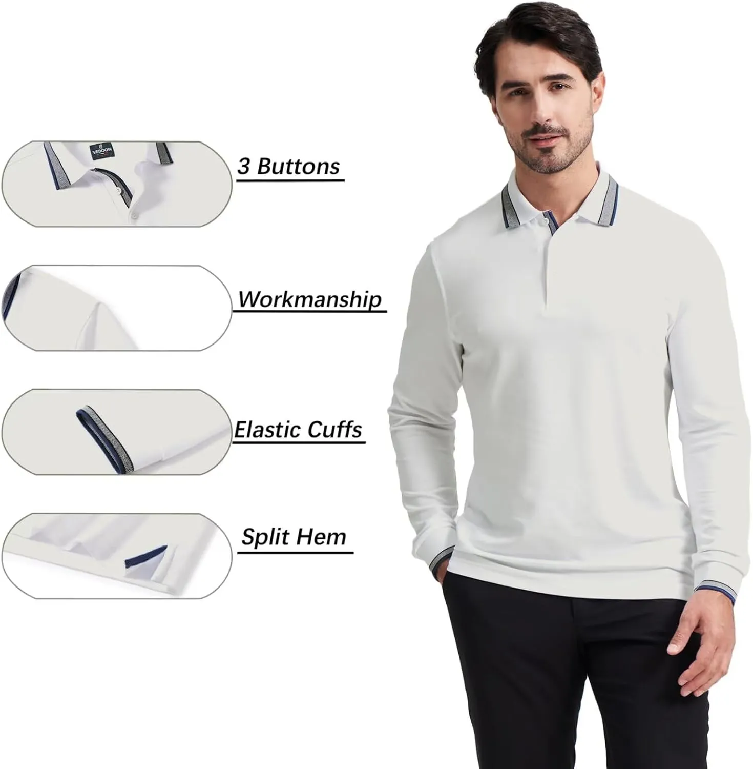 Men's Pique Polo Shirts Long Sleeve Cotton Blend Tipped Casual Collared Polo Shirts Business Classic Fit