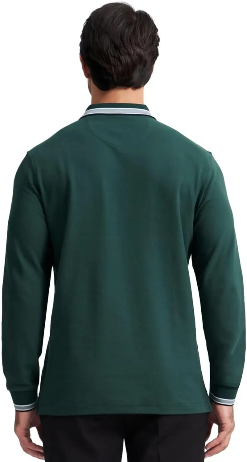 Men's Pique Polo Shirts Long Sleeve Cotton Blend Tipped Casual Collared Polo Shirts Business Classic Fit