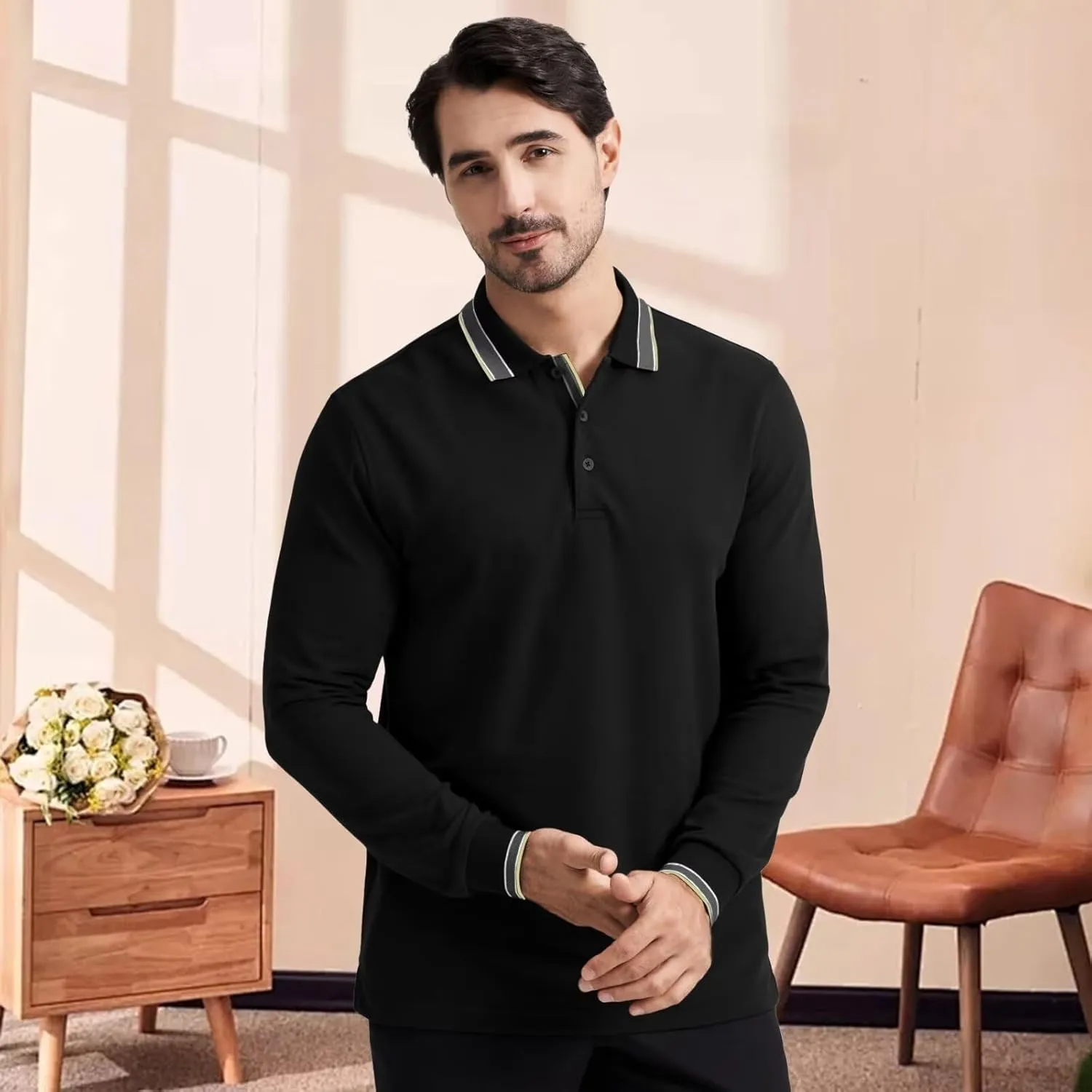Men's Pique Polo Shirts Long Sleeve Cotton Blend Tipped Casual Collared Polo Shirts Business Classic Fit