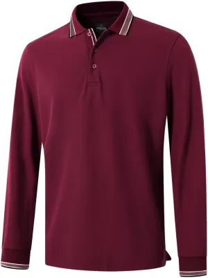 Men's Pique Polo Shirts Long Sleeve Cotton Blend Tipped Casual Collared Polo Shirts Business Classic Fit