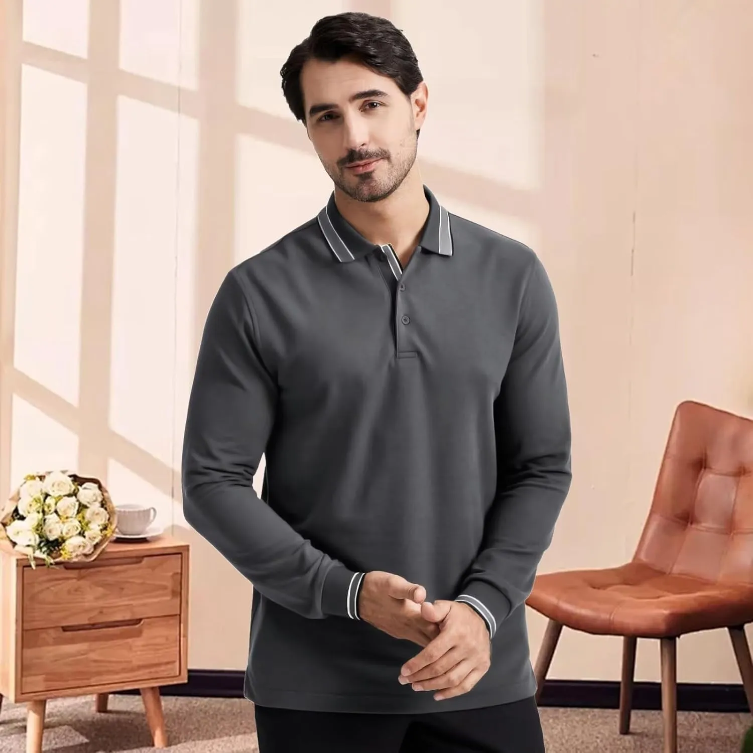 Men's Pique Polo Shirts Long Sleeve Cotton Blend Tipped Casual Collared Polo Shirts Business Classic Fit