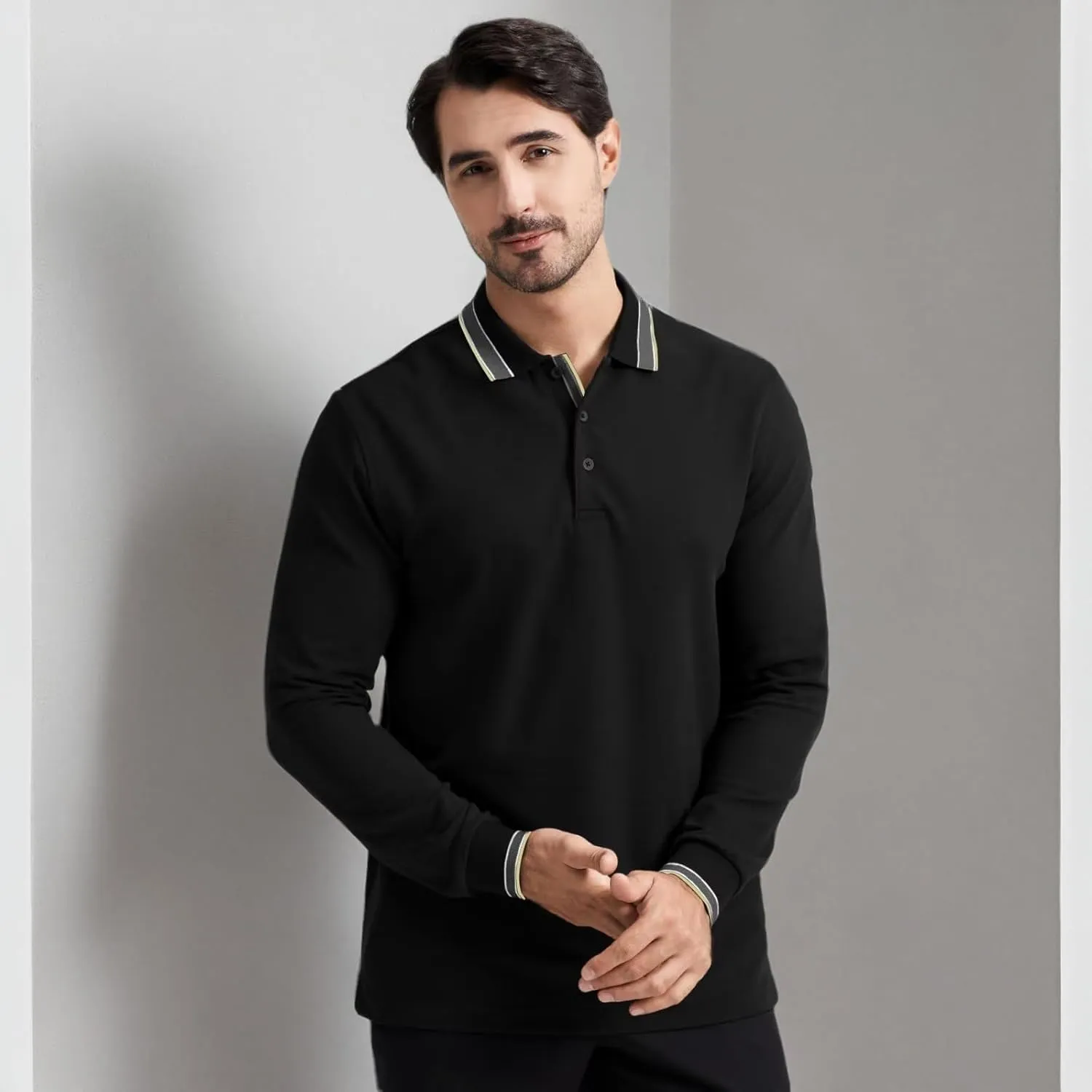 Men's Pique Polo Shirts Long Sleeve Cotton Blend Tipped Casual Collared Polo Shirts Business Classic Fit