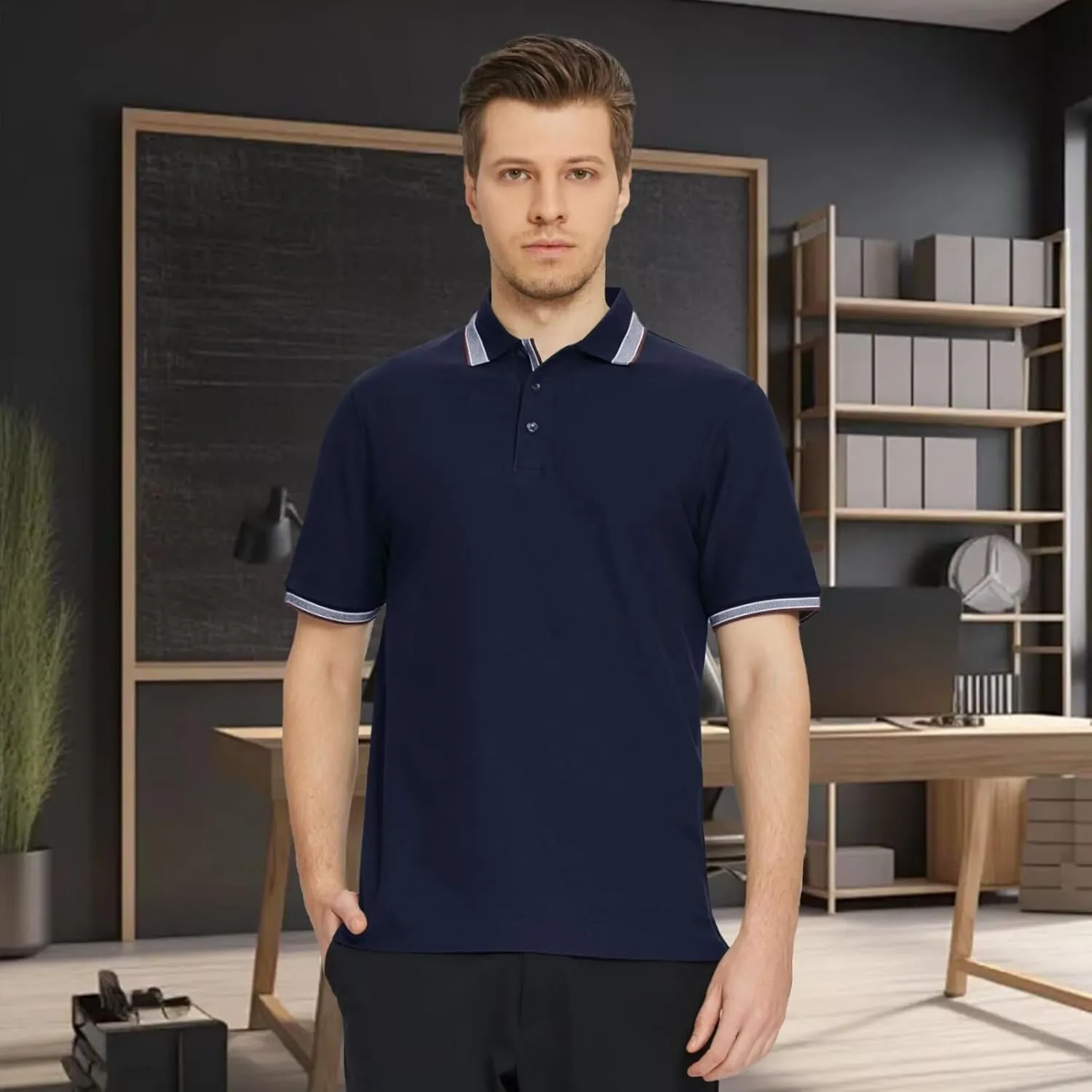 Men's Pique Polo Shirts Long Sleeve Cotton Blend Tipped Casual Collared Polo Shirts Business Classic Fit