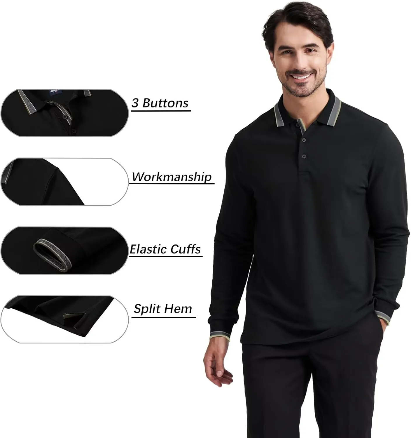 Men's Pique Polo Shirts Long Sleeve Cotton Blend Tipped Casual Collared Polo Shirts Business Classic Fit