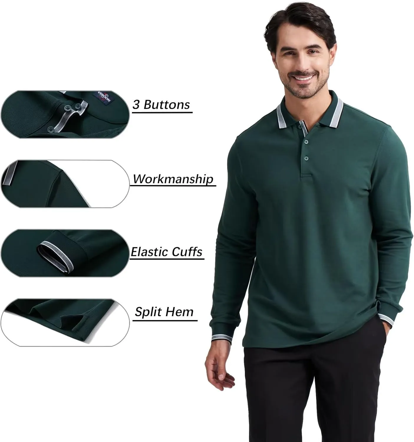 Men's Pique Polo Shirts Long Sleeve Cotton Blend Tipped Casual Collared Polo Shirts Business Classic Fit