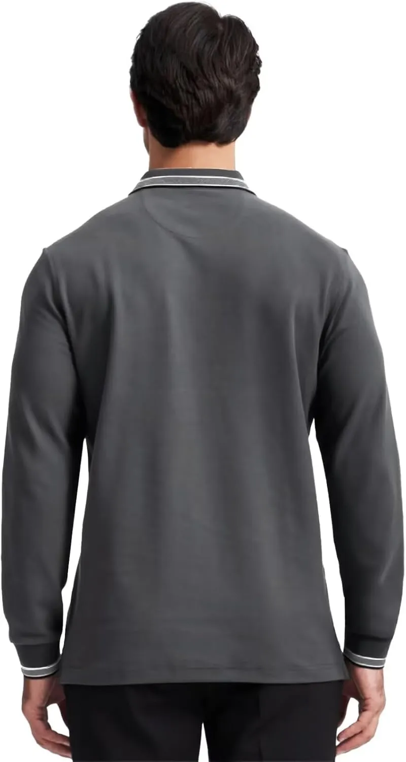 Men's Pique Polo Shirts Long Sleeve Cotton Blend Tipped Casual Collared Polo Shirts Business Classic Fit