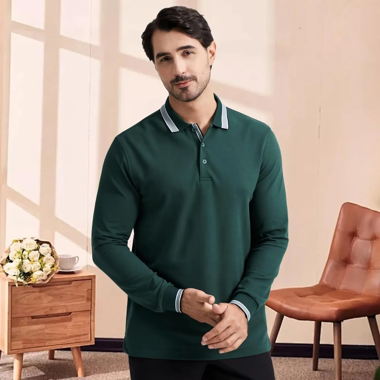 Men's Pique Polo Shirts Long Sleeve Cotton Blend Tipped Casual Collared Polo Shirts Business Classic Fit