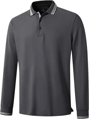 Men's Pique Polo Shirts Long Sleeve Cotton Blend Tipped Casual Collared Polo Shirts Business Classic Fit