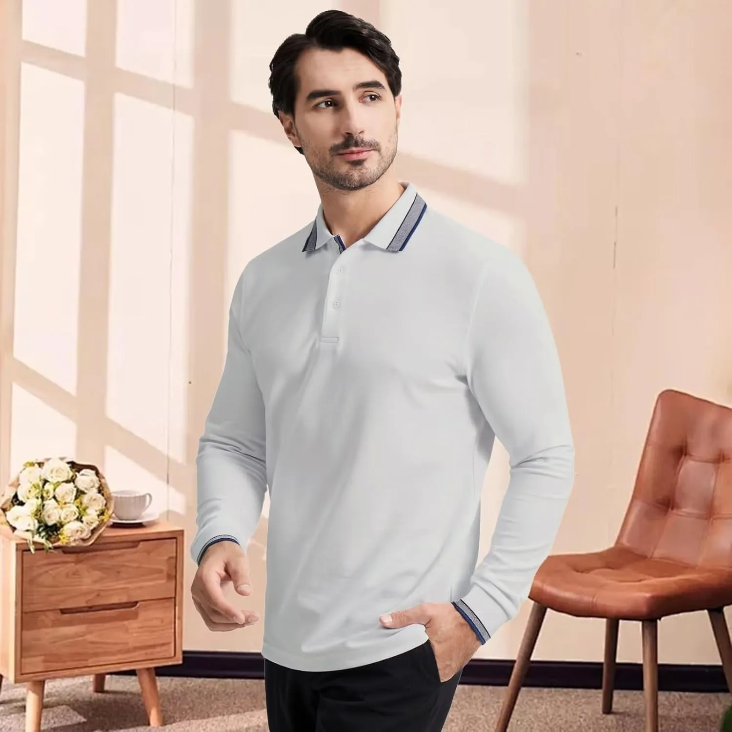 Men's Pique Polo Shirts Long Sleeve Cotton Blend Tipped Casual Collared Polo Shirts Business Classic Fit