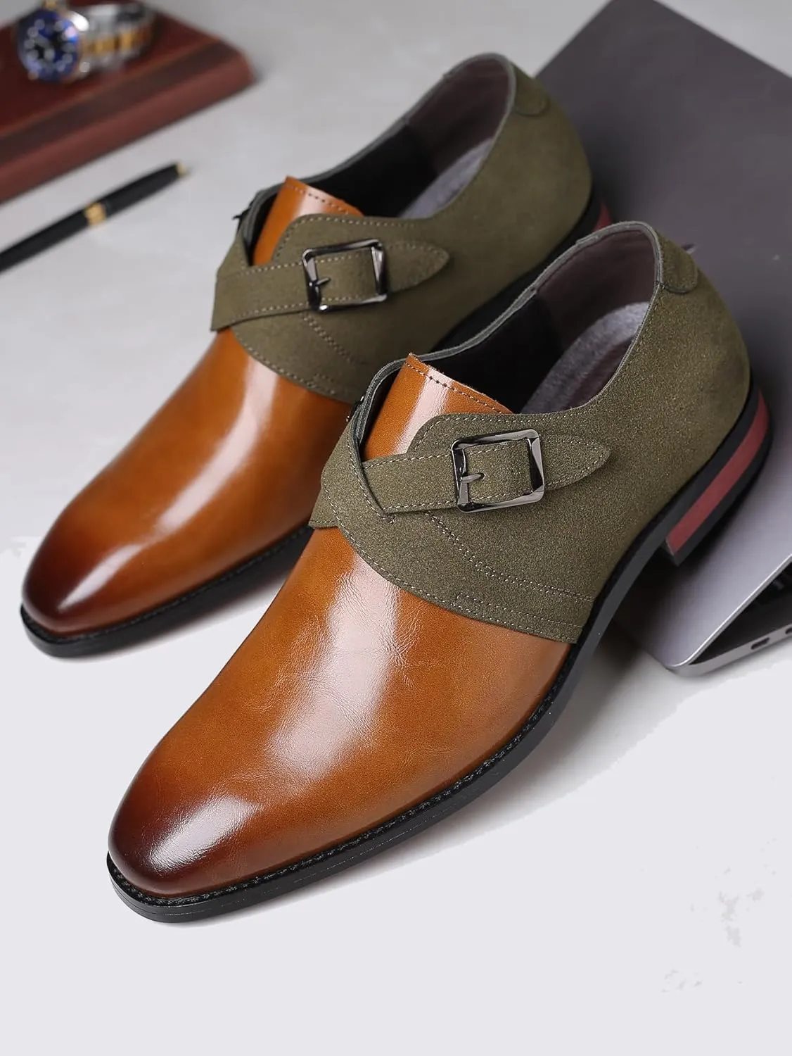 Men's Two-Tone Monk Strap Dress Shoes, Brown Leather and Olive Suede, Classic Buckle Design