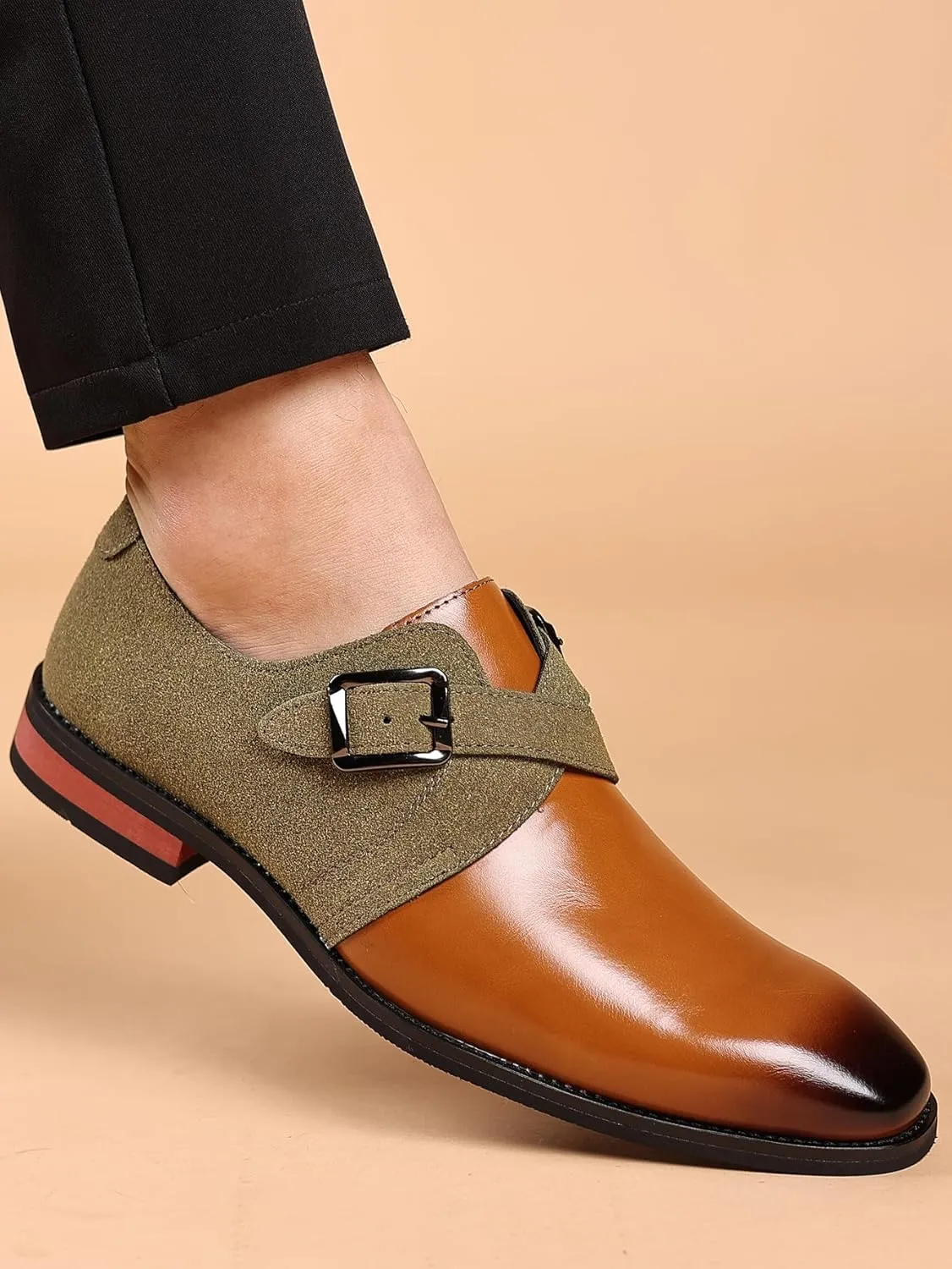 Men's Two-Tone Monk Strap Dress Shoes, Brown Leather and Olive Suede, Classic Buckle Design