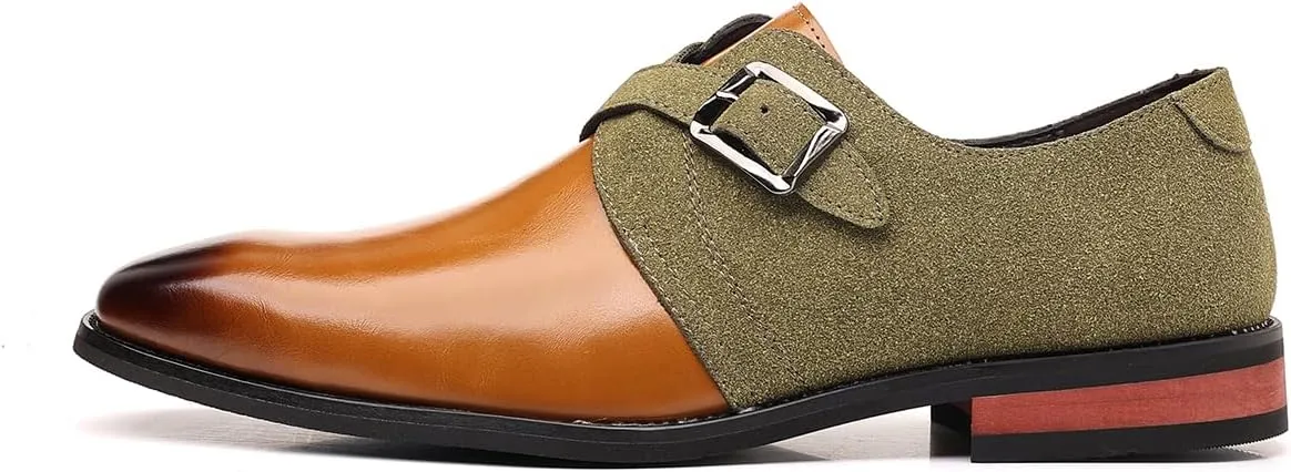 Men's Two-Tone Monk Strap Dress Shoes, Brown Leather and Olive Suede, Classic Buckle Design