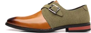 Men's Two-Tone Monk Strap Dress Shoes, Brown Leather and Olive Suede, Classic Buckle Design