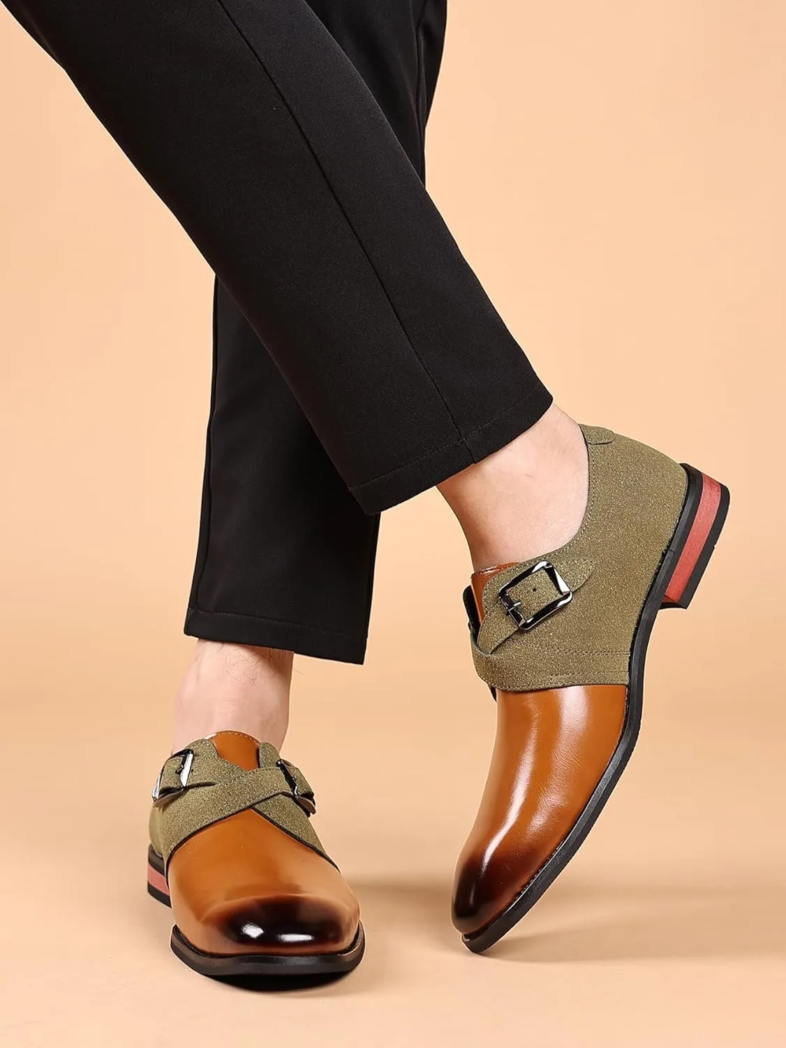 Men's Two-Tone Monk Strap Dress Shoes, Brown Leather and Olive Suede, Classic Buckle Design