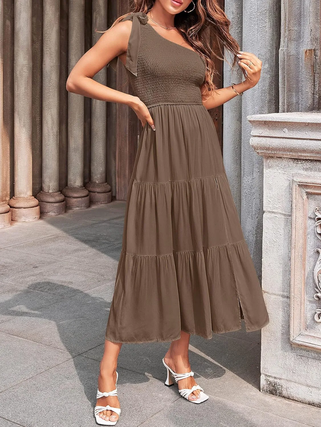 MEROKEETY Women's Summer One Shoulder Sleeveless Knot Smocked Midi Dress Split Tiered Flowy Dresses
