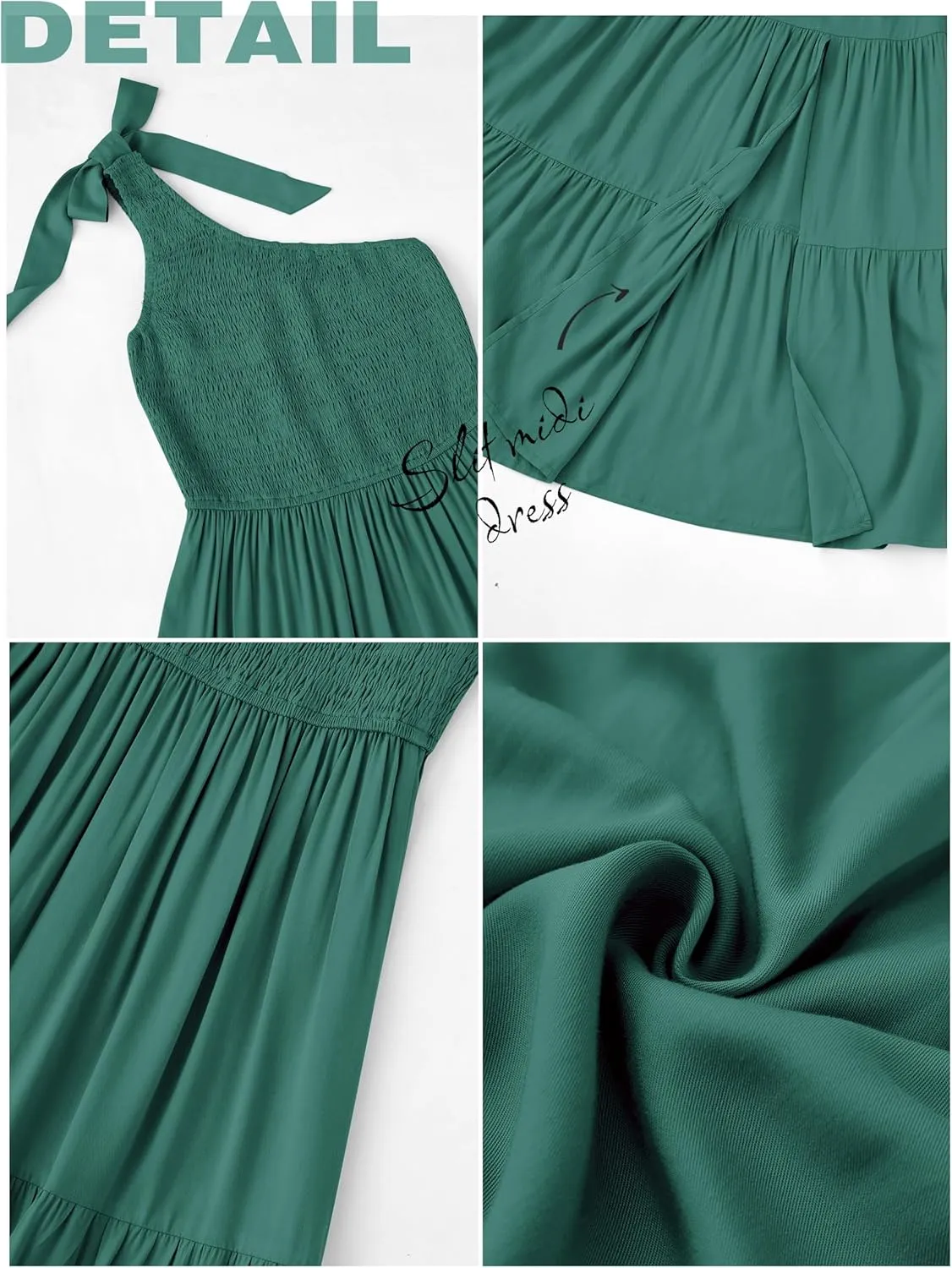 MEROKEETY Women's Summer One Shoulder Sleeveless Knot Smocked Midi Dress Split Tiered Flowy Dresses