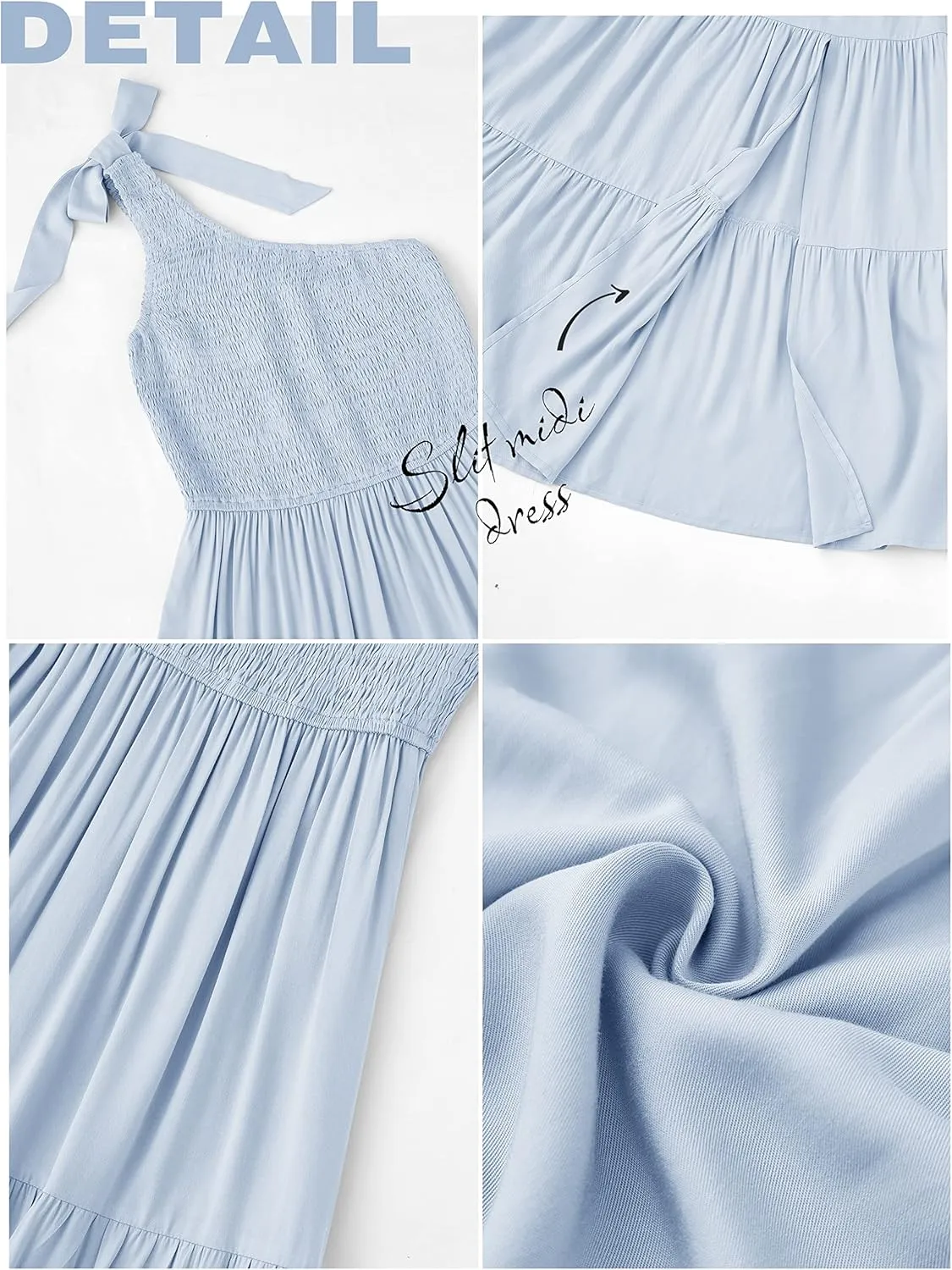 MEROKEETY Women's Summer One Shoulder Sleeveless Knot Smocked Midi Dress Split Tiered Flowy Dresses