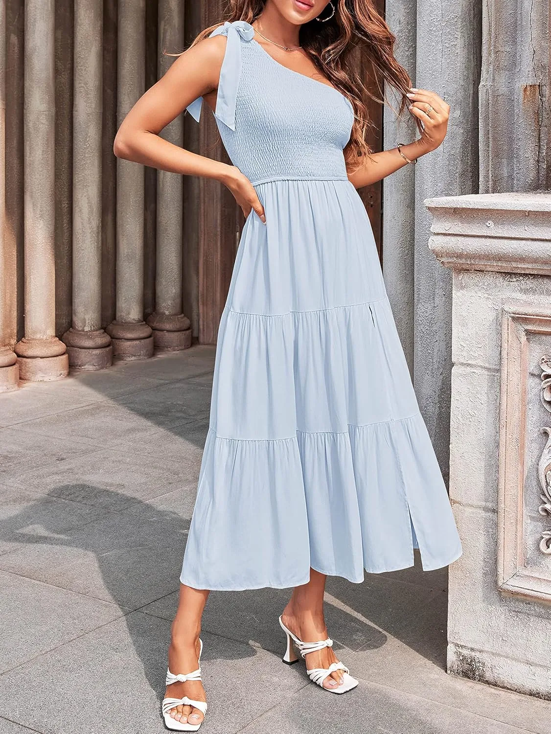 MEROKEETY Women's Summer One Shoulder Sleeveless Knot Smocked Midi Dress Split Tiered Flowy Dresses