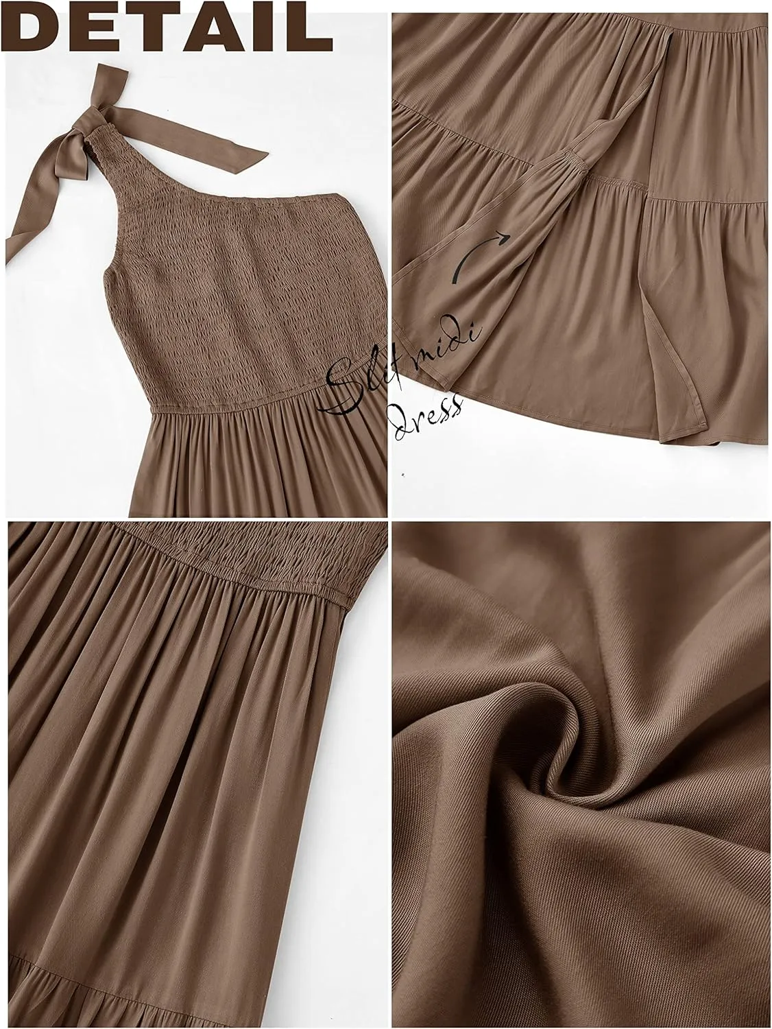 MEROKEETY Women's Summer One Shoulder Sleeveless Knot Smocked Midi Dress Split Tiered Flowy Dresses