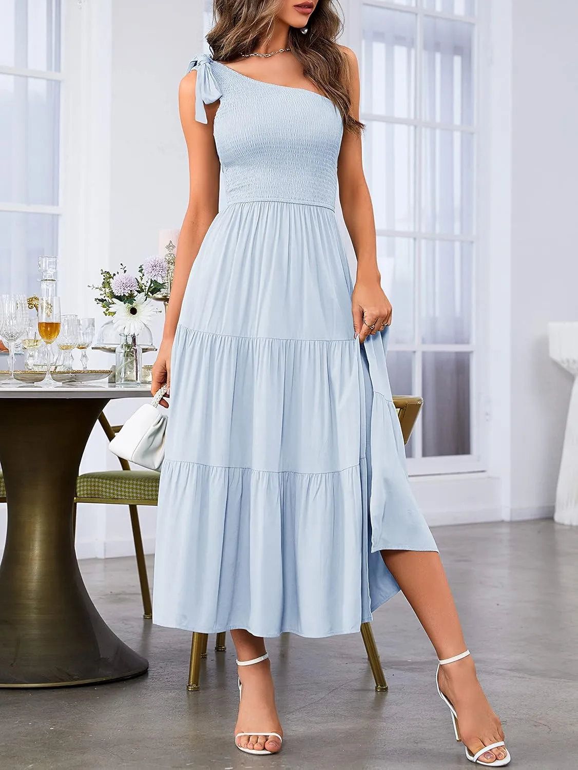 MEROKEETY Women's Summer One Shoulder Sleeveless Knot Smocked Midi Dress Split Tiered Flowy Dresses