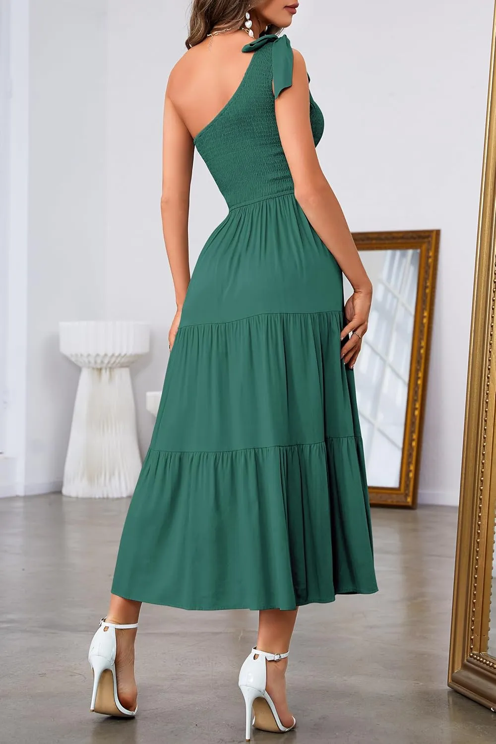 MEROKEETY Women's Summer One Shoulder Sleeveless Knot Smocked Midi Dress Split Tiered Flowy Dresses