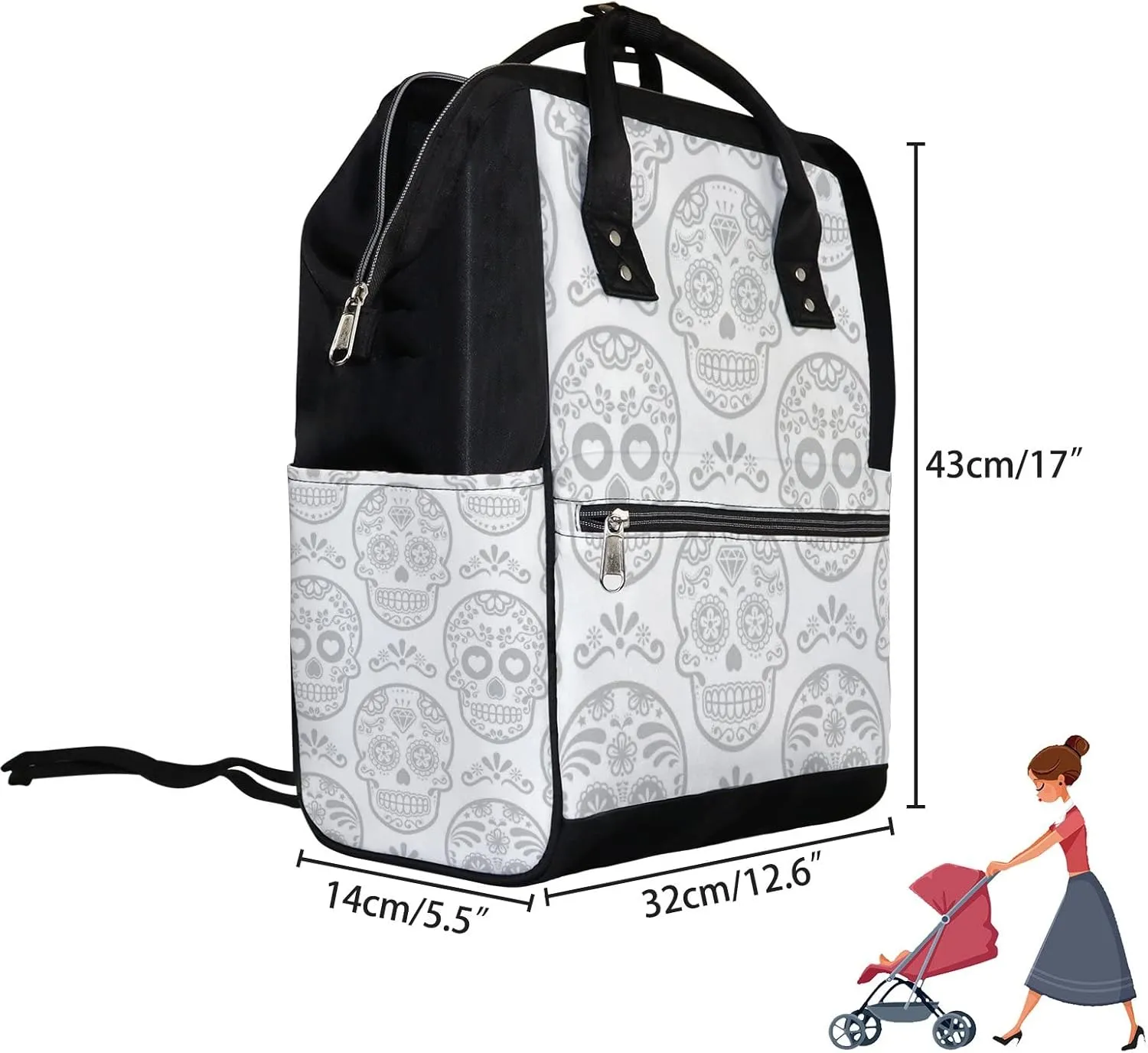 Mexican Sugar Skull Diaper Bag Backpack Waterproof Backpack Baby Nappy Changing Bag for Travel Large Capacity Durable and Stylish for Woman
