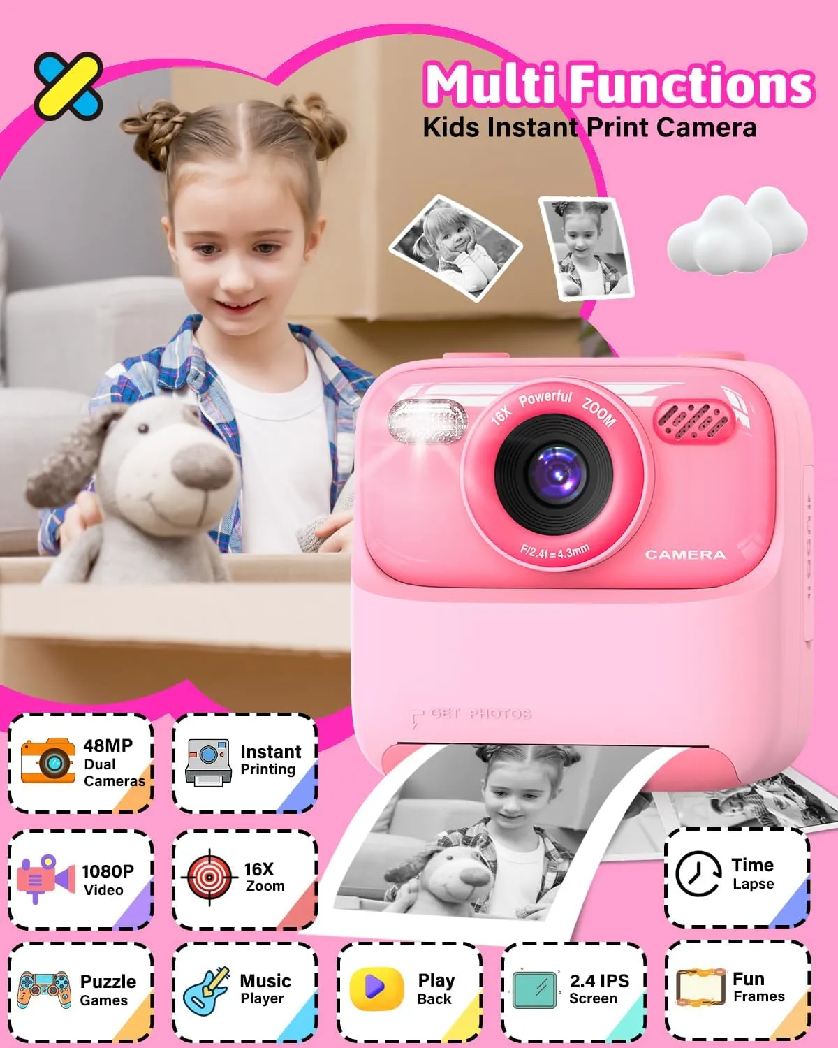 Mgaolo Kids Camera Instant Print Photo,Children Digital Camera Toys Gift with HD Video for Girls Boys 3-12 Age,Chritmas Birthday Festival Present for 3 4 5 6 7 8 9 Year Old Child (Pink)