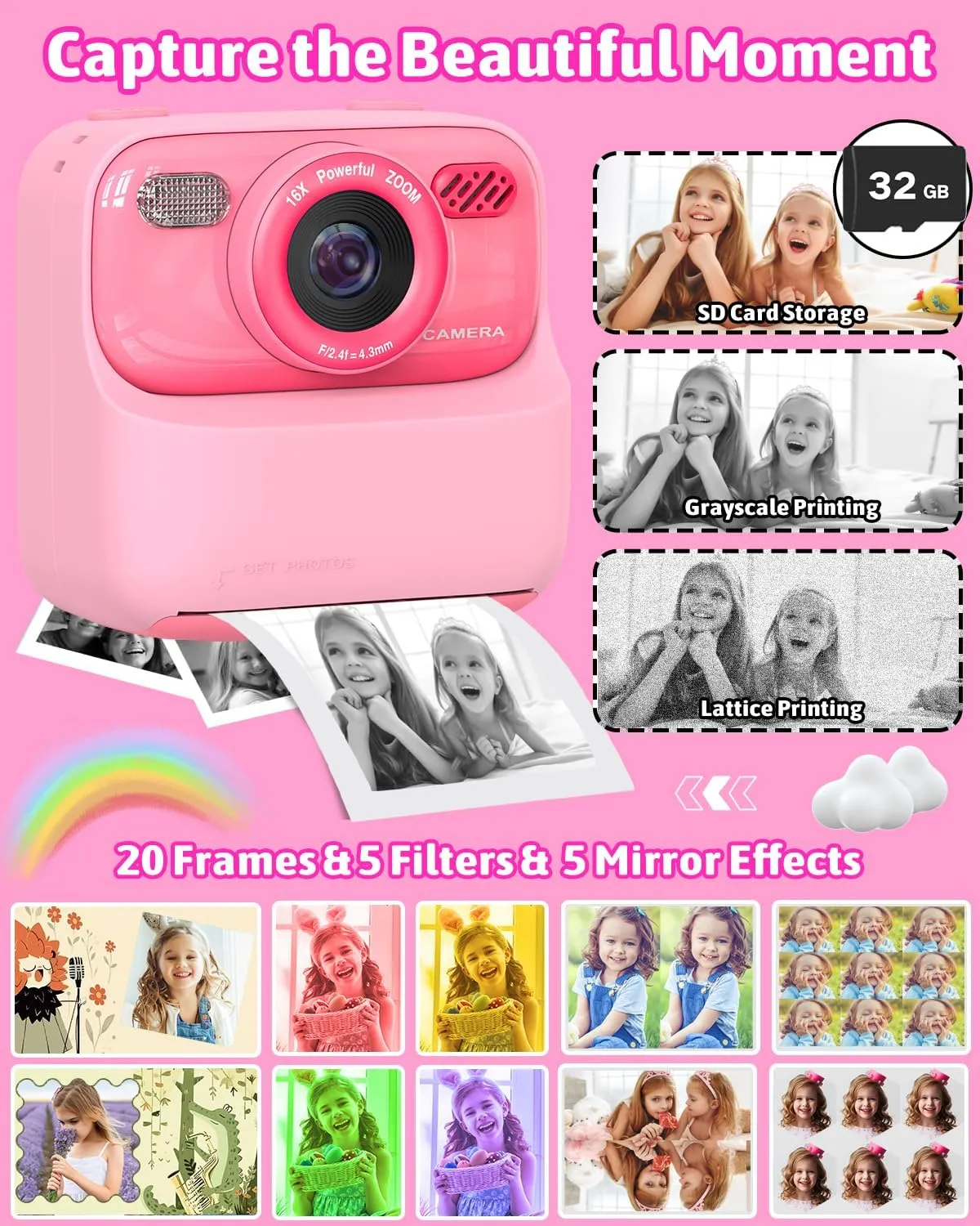 Mgaolo Kids Camera Instant Print Photo,Children Digital Camera Toys Gift with HD Video for Girls Boys 3-12 Age,Chritmas Birthday Festival Present for 3 4 5 6 7 8 9 Year Old Child (Pink)