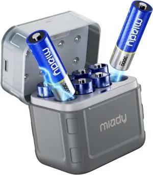 Miady Rechargeable Lithium AA Batteries 8 Pack with Fast Charger, 1.5V 3000mWh High Capacity Lithium AA Batteries, Double A Batteries with 2000  Cycles