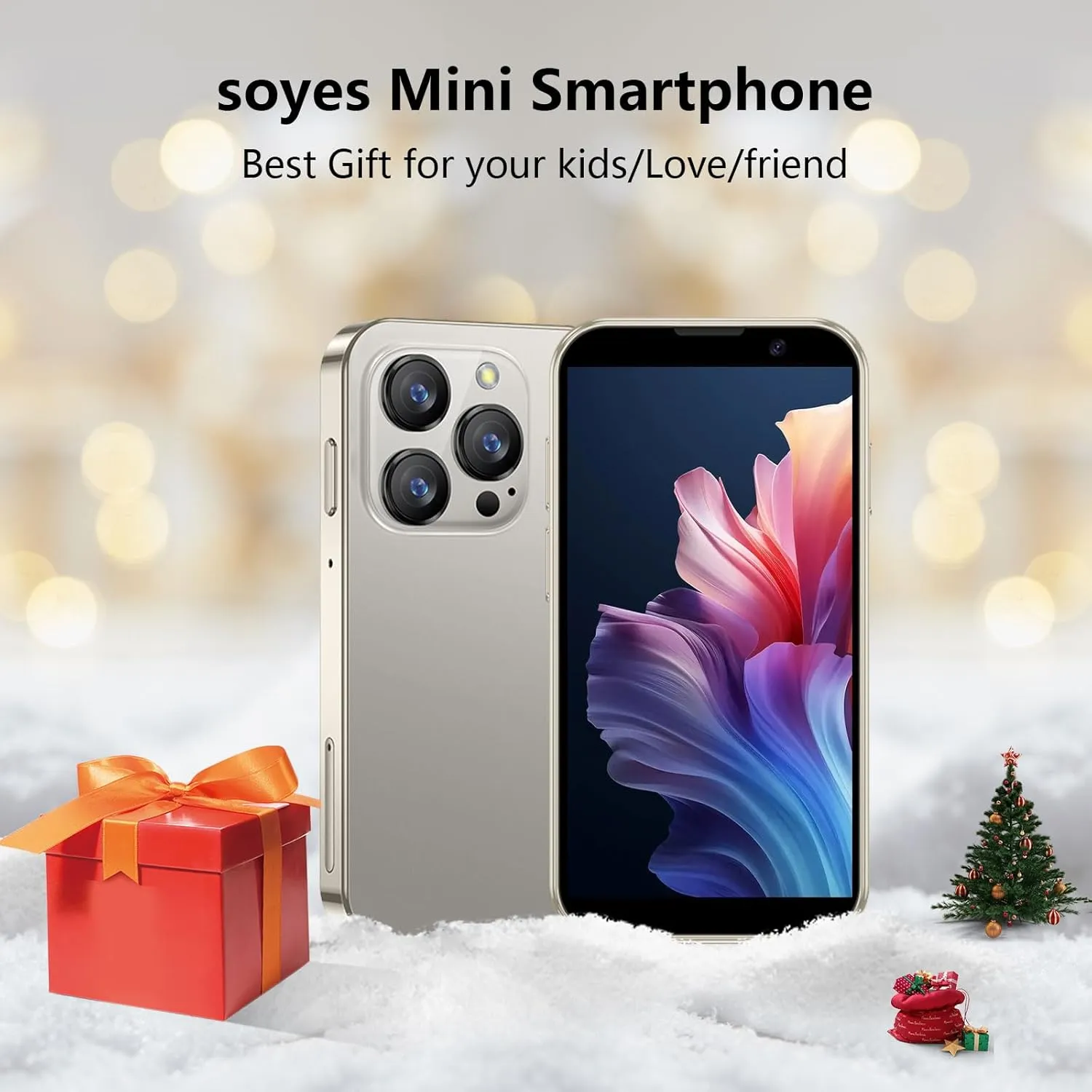 Mini Phone World's Smallest 3.0" HD Touch Screen Mini Smartphone Unlocked Android Compact Mobile Phone for Students Cell Phone wih Quad-Core Dual SIM Face lD 2GB 16GB Gold
