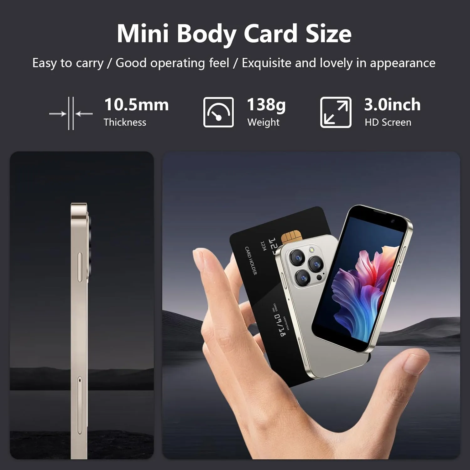 Mini Phone World's Smallest 3.0" HD Touch Screen Mini Smartphone Unlocked Android Compact Mobile Phone for Students Cell Phone wih Quad-Core Dual SIM Face lD 2GB 16GB Gold