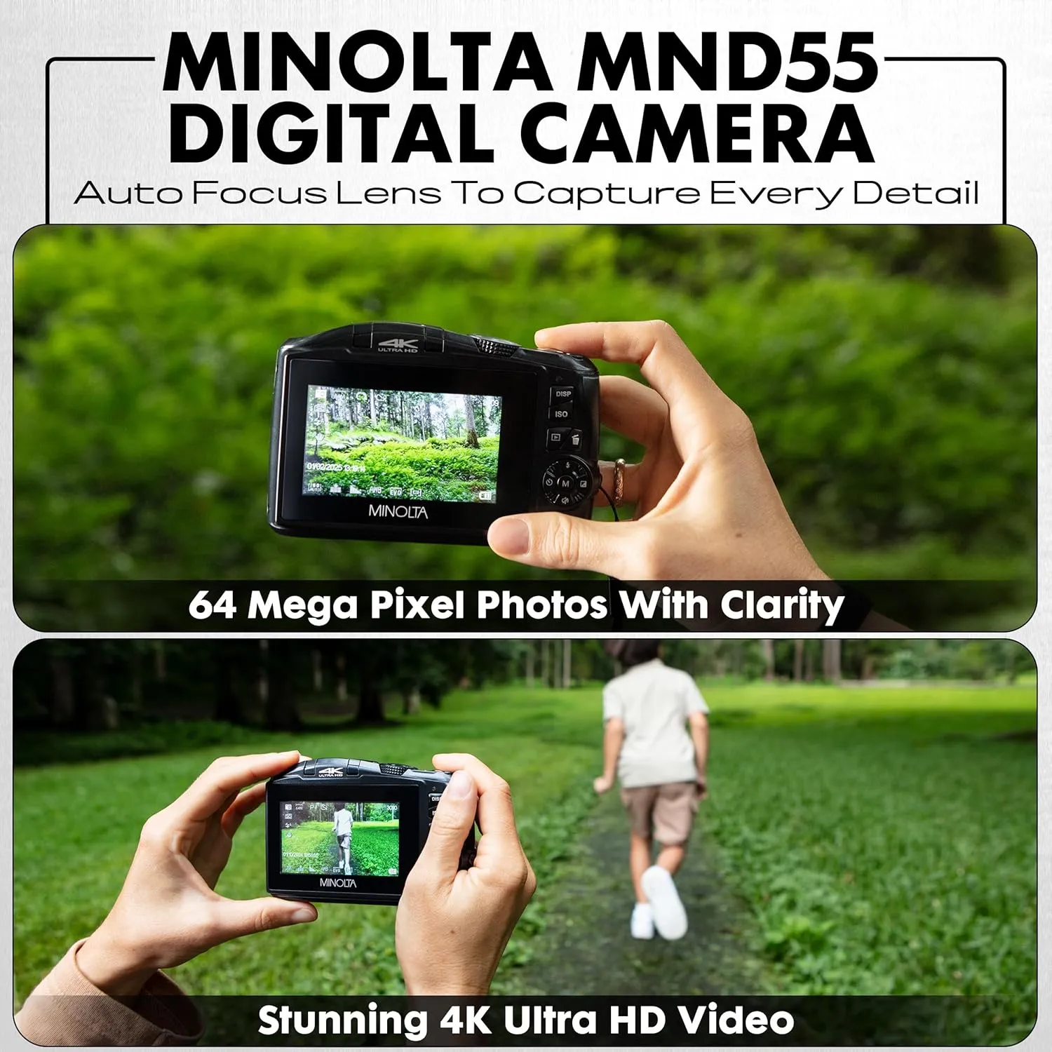 Minolta 64MP Digital Camera – 4K Ultra HD Video at 60FPS, 16x Digital Zoom, WiFi, CMOS Sensor, 3-inch LCD Display, Auto Exposure - Includes 32GB Memory Card, Rechargeable Battery (Red)